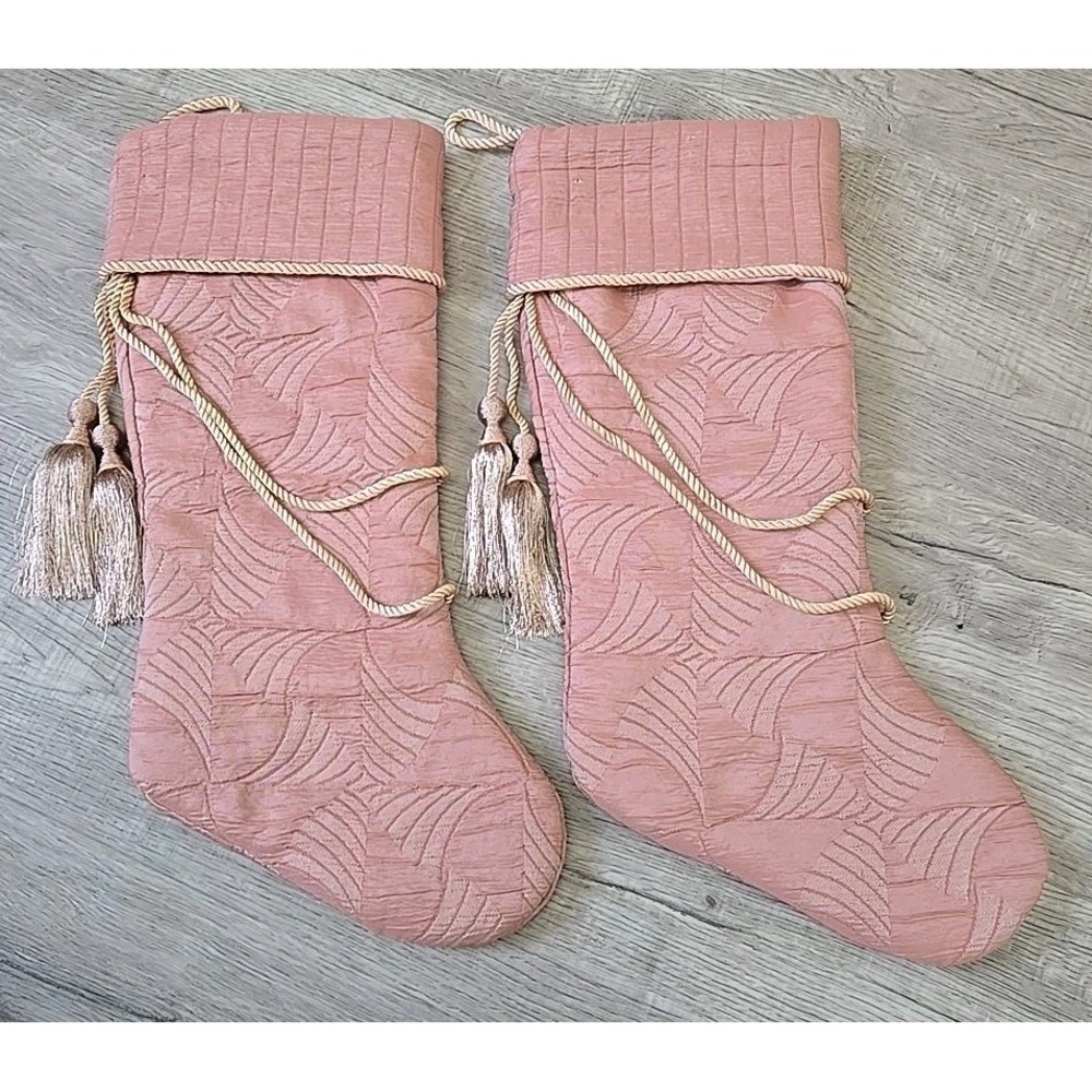 Set Of 2 Christmas Quilted Stockings PINK Quilt‎ with Tassel Rope